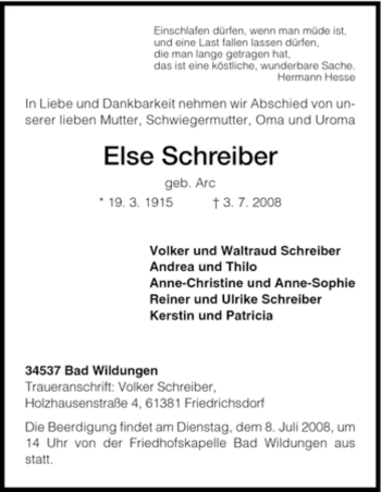Todesanzeige von Else Schreiber von HNA