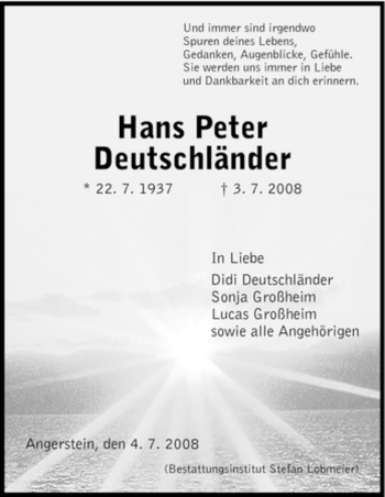 Todesanzeige von Hans Peter Deutschländer von HNA