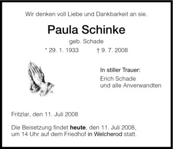 Todesanzeige von Paula Schinke von HNA