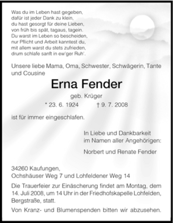 Todesanzeige von Erna Fender von HNA