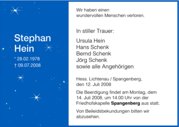 Todesanzeige von Stephan Hein von HNA