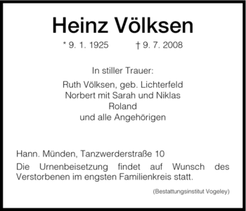 Todesanzeige von Heinz Völksen von HNA