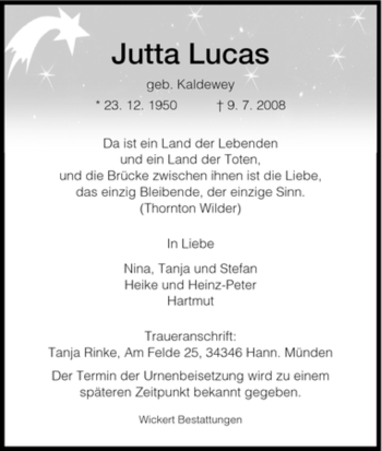 Todesanzeige von Jutta Lucas von HNA