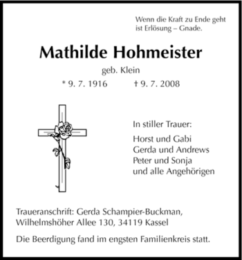 Todesanzeige von Mathilde Hohmeister von HNA