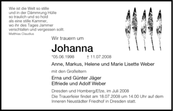 Todesanzeige von Unbekannt Johanna von HNA