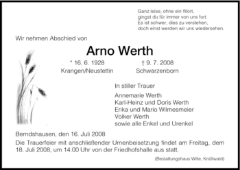 Todesanzeige von Arno Werth von HNA