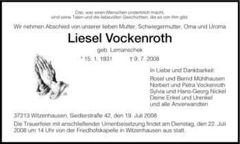 Todesanzeige von Liesel Vockenroth von HNA