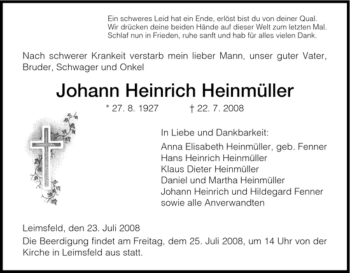 Todesanzeige von Johann Heinrich Heinmüller von HNA