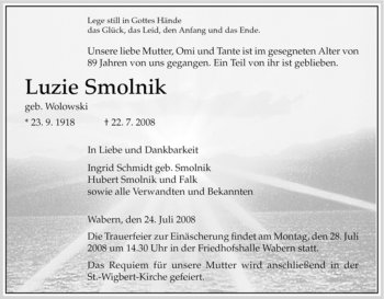 Todesanzeige von Luzie Smolnik von HNA