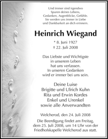 Todesanzeige von Heinrich Wiegand von HNA