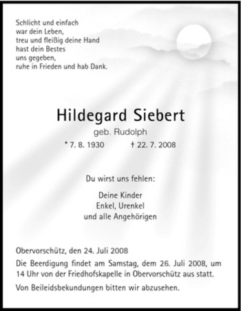 Todesanzeige von Hildegard Siebert von HNA