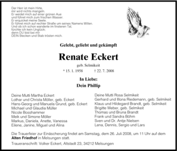 Todesanzeige von Renate Eckert von HNA
