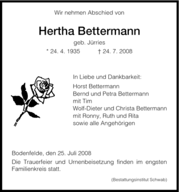 Todesanzeige von Hertha Bettermann von HNA