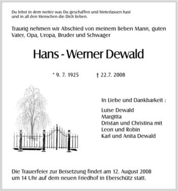 Todesanzeige von Hans - Werner Dewald von HNA