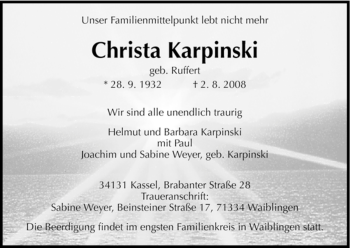 Todesanzeige von Christa Karpinski von HNA