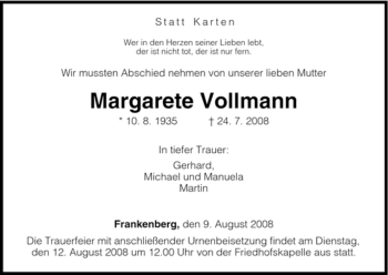 Todesanzeige von Margarete Vollmann von HNA