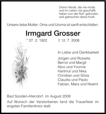 Todesanzeige von Irmgard Grosser von HNA