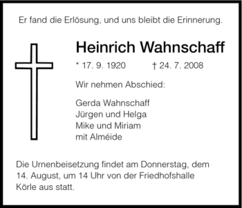 Todesanzeige von Heinrich Wahnschaff von HNA