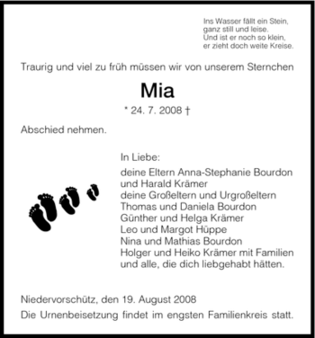 Todesanzeige von Mia Bourdon von HNA