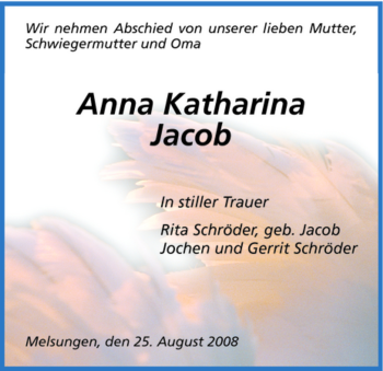 Todesanzeige von Anna Katharina Jacob von HNA