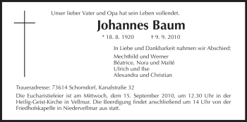 Todesanzeige von Johannes Baum von HNA