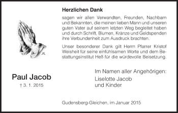 Todesanzeige von Paul Jacob von HNA