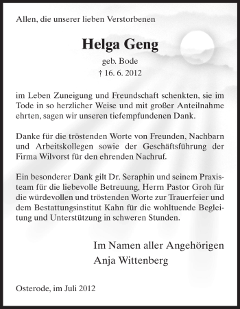 Todesanzeige von Helga Geng von HNA