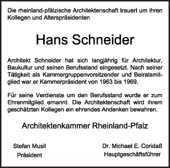 Todesanzeige von Hans Schneider von HNA