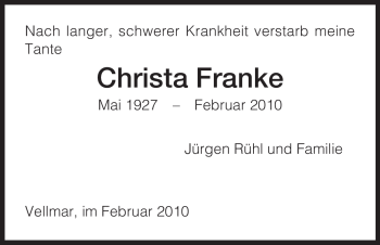 Todesanzeige von Christa Franke von HNA