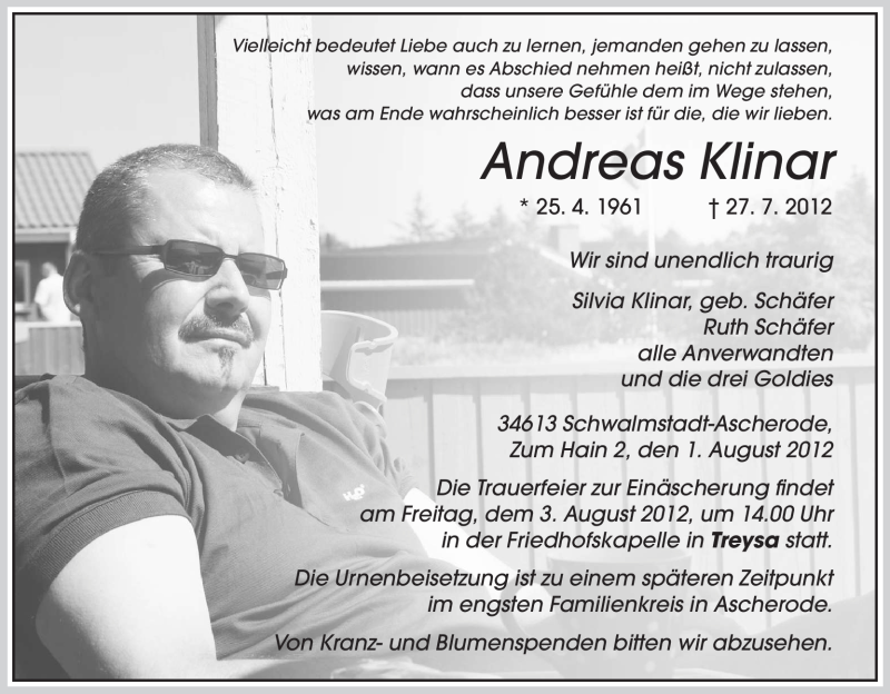  Traueranzeige für Andreas Klinar vom 01.08.2012 aus HNA