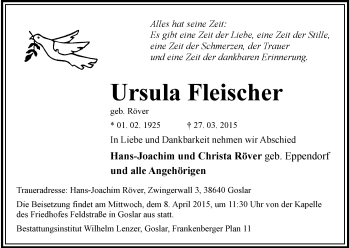 Todesanzeige von Ursula Fleischer von HNA