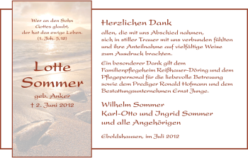 Todesanzeige von Lotte Sommer von HNA