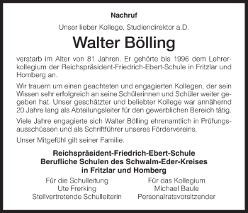 Todesanzeige von Walter Bölling von HNA