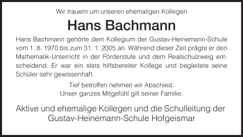 Todesanzeige von Hans Bachmann von HNA