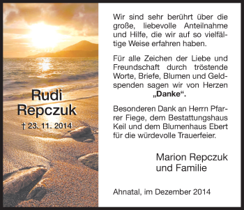 Todesanzeige von Rudi Repczuk von HNA