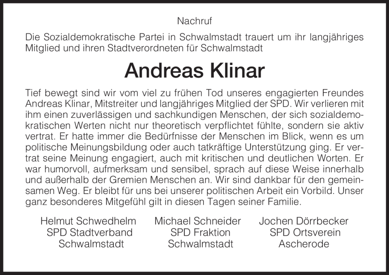 Traueranzeige für Andreas Klinar vom 01.08.2012 aus HNA