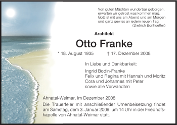 Todesanzeige von Otto Franke von HNA