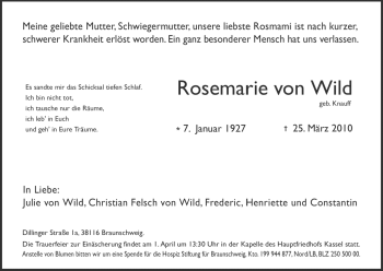 Todesanzeige von Rosemarie Wild von HNA