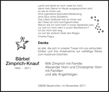 Todesanzeige von Bärbel Zimprich-Knauf von HNA