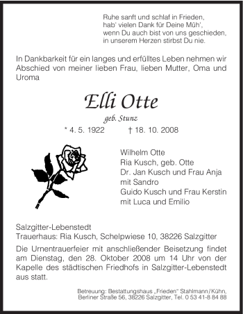Todesanzeige von Elli Otte von HNA