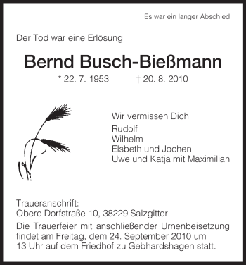 Todesanzeige von Bernd Busch-Bießmann von HNA