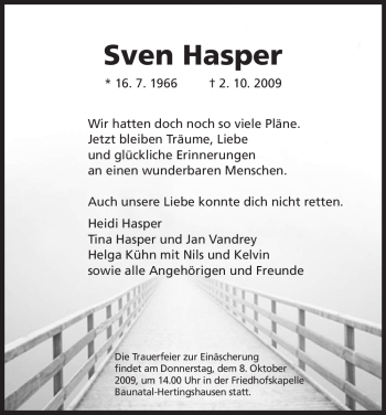 Todesanzeige von Sven Hasper von HNA
