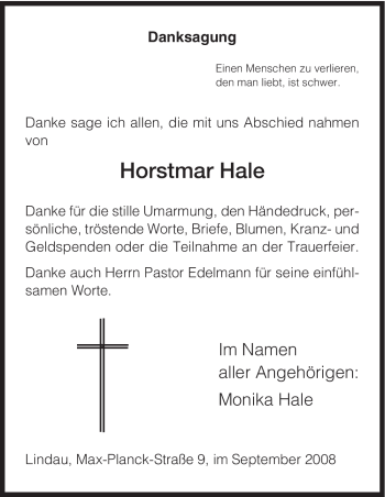 Todesanzeige von Horstmar Hale von HNA