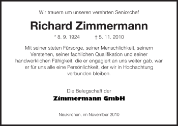 Todesanzeige von Richard Zimmermann von HNA