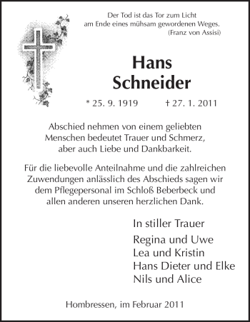 Todesanzeige von Hans Schneider von HNA