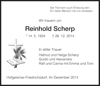 Todesanzeige von Reinhold Scherp von HNA