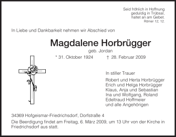 Todesanzeige von Magdalene Horbrügger von HNA