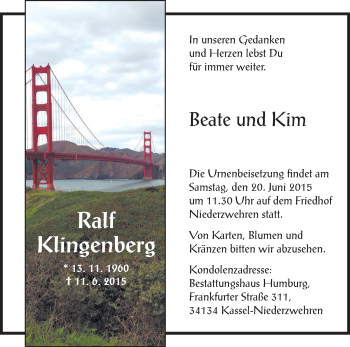Todesanzeige von Ralf Klingenberg von HNA