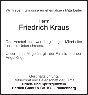 Todesanzeige von Friedrich Kraus von HNA