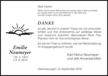 Todesanzeige von Emilie Neumeyer von HNA